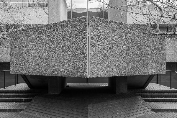 External staircase at the IBM building on London's South Bank contrasting texture and symmetry with the chaotic, natural growth of branches