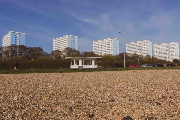 Potential 'Plattenbau' apartment blocks on the shoreline near Southampton in the UK giving off a distinctly Eastern Block vibe